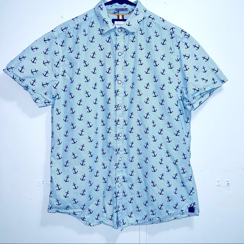 Denim & Flower Ricky Singh Mens Size M Button Up Shirt Anchors White Blue Stripe